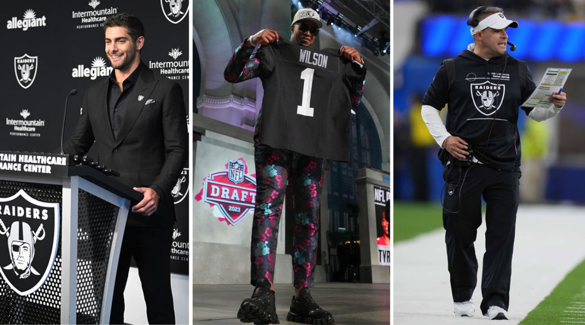 Jimmy Garoppolo stands at the Raiders podium; Tyree Wilson holds his new jersey at the draft; Josh McDaniels walks down the field sideline holding a sheet of paper